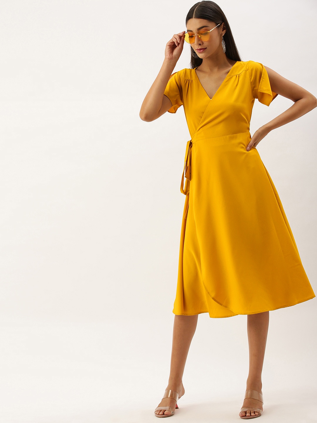 

Berrylush Women Yellow Solid Wrap Dress