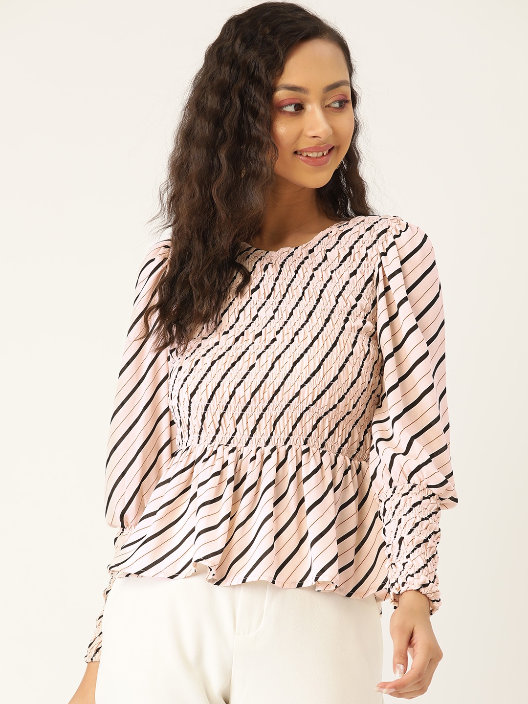 

LABEL REGALIA Women Pink & Black Striped Puff Sleeves A-Line Top with Smocked Detail