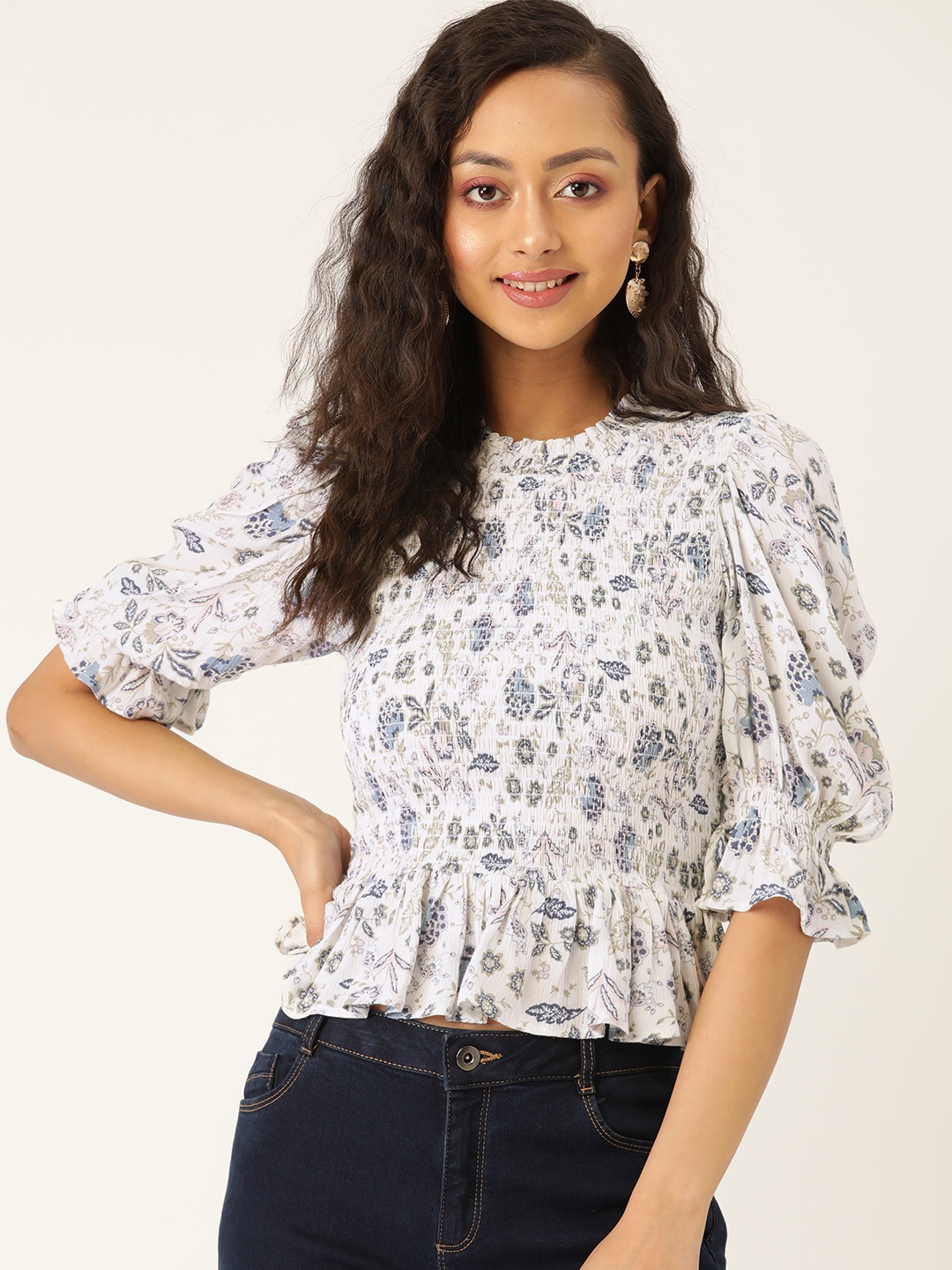 

LABEL REGALIA Women White & Blue Floral Printed Puff Sleeves Smocked A-Line Top