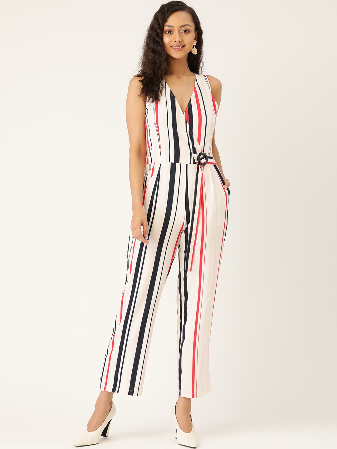 

LABEL REGALIA Women White & Black Striped Wrap Basic Jumpsuit