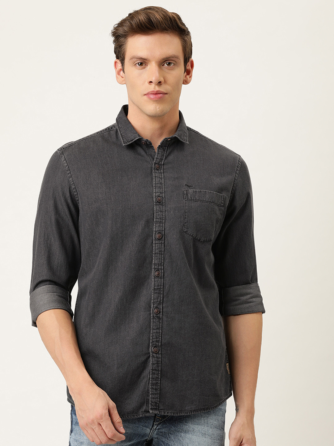 

Flying Machine Men Charcoal Slim Fit Solid Casual Shirt