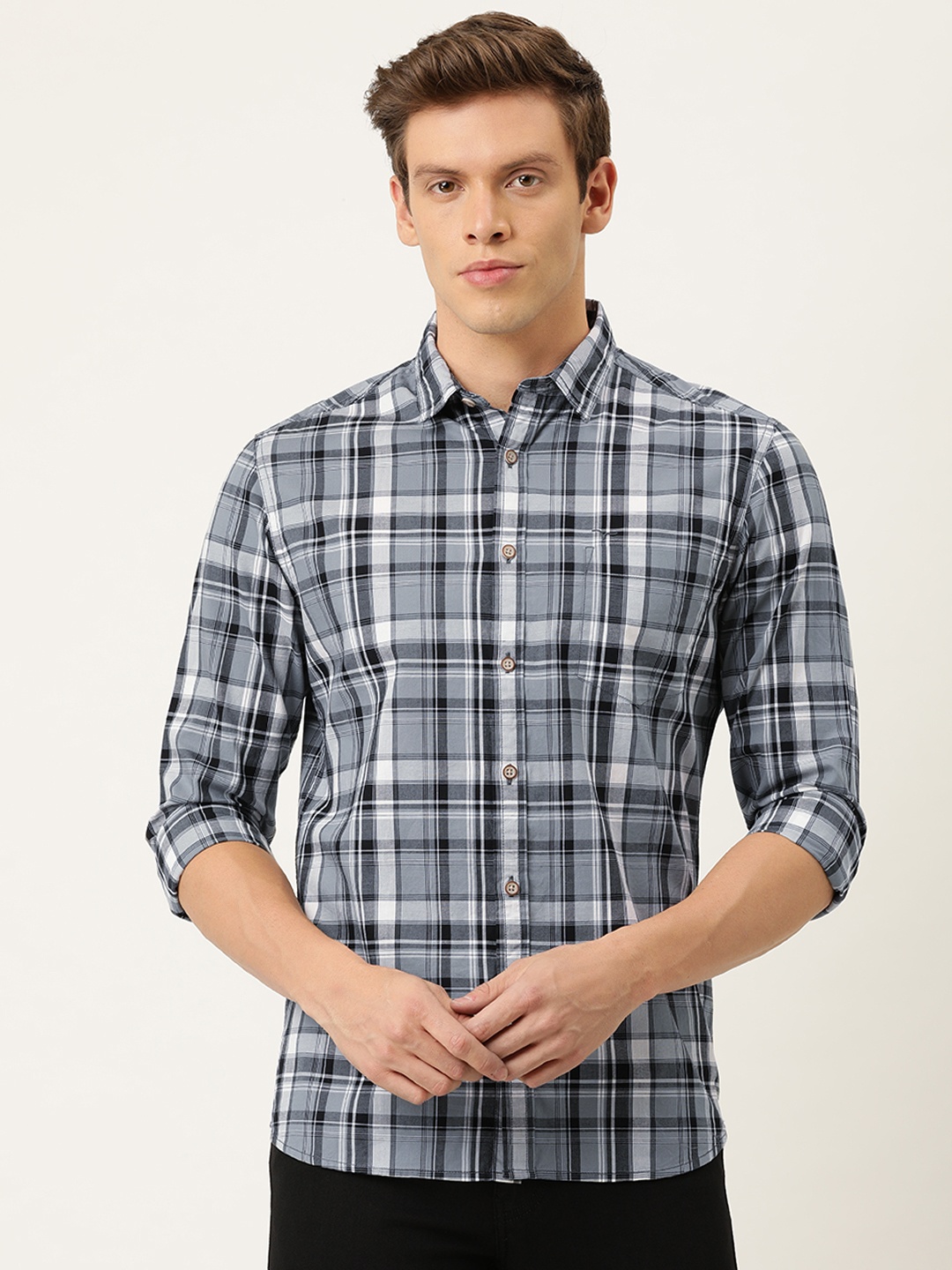 

Flying Machine Men Grey & Black Regular Fit Checked Casual Shirt