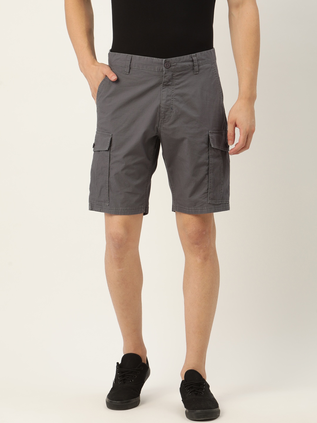 

Flying Machine Men Charcoal Grey Solid Regular Fit Cargo Shorts