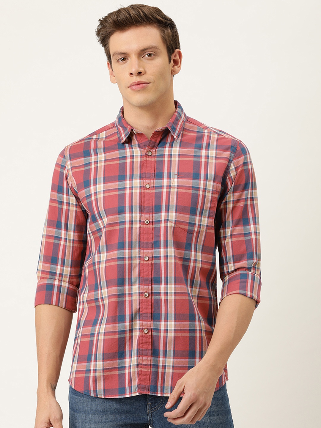 

Flying Machine Men Red & Blue Cotton Slim Fit Checked Casual Shirt