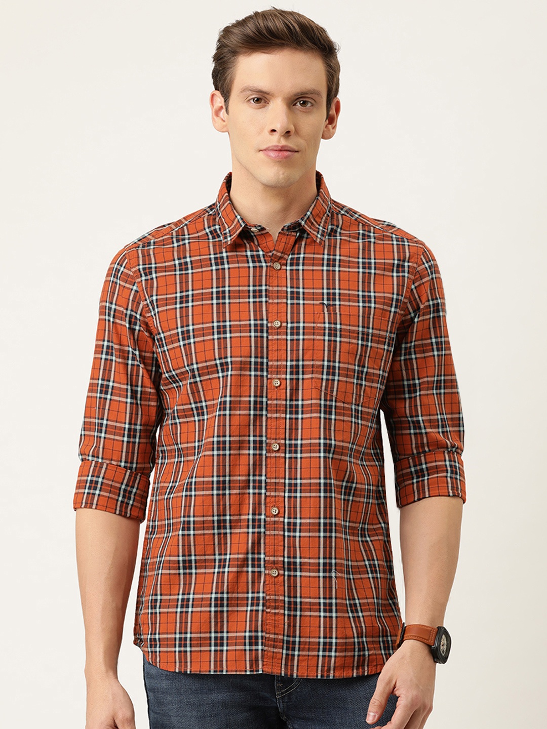 

Flying Machine Men Orange & White Slim Fit Checked Casual Shirt
