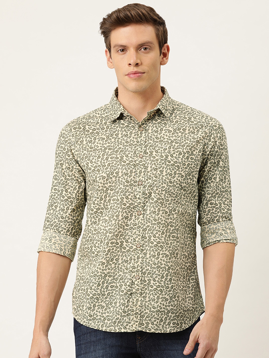 

Flying Machine Men Beige & Olive Green Slim Fit Floral Printed Casual Shirt