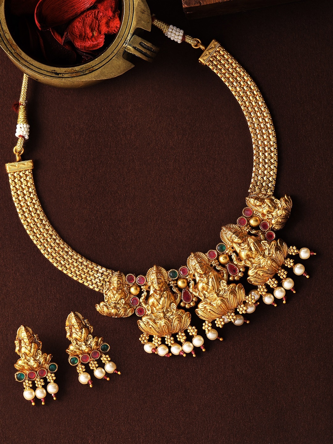 

Rubans 24K Gold-Plated Red & Green Stone Studded & Beaded Handcrafted Jewellery Set