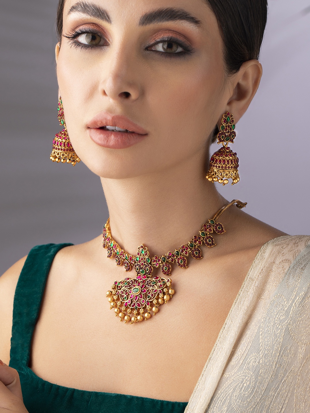 

Rubans 24K Gold-Plated Green & Pink Ruby Stone Studded Paisley Shaped Jewellery Set