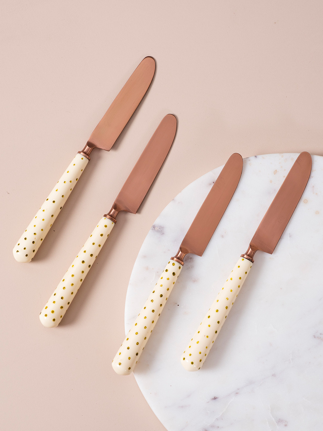 

nestroots Set Of 4 Copper-Toned & White Printed Serving Cutlery
