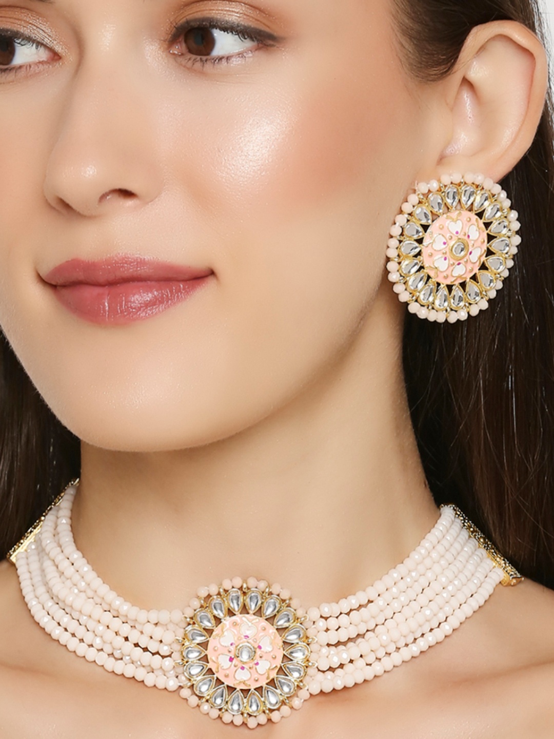 

OOMPH Gold-Toned & Pink Beaded & Kundan-Studded Multi-Stranded Meenakari Jewellery Set