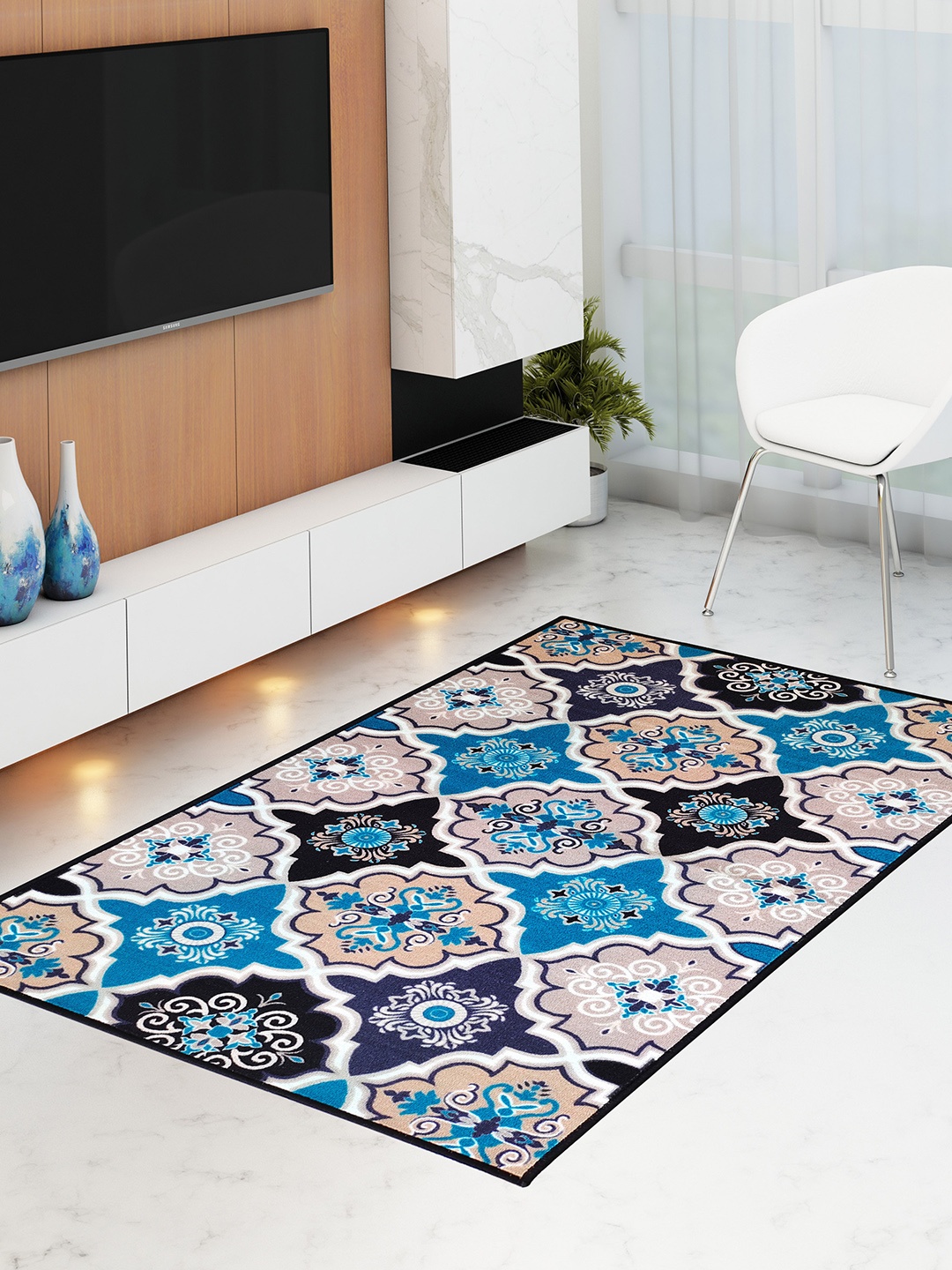 

Athom Trendz Blue & Black Printed Anti-Skid Carpet