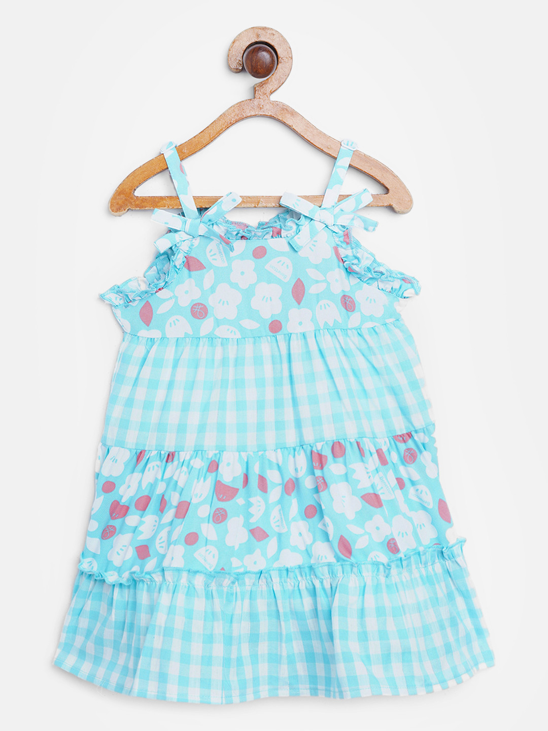 

United Colors of Benetton Girls Blue Checked Tiered A-Line Dress