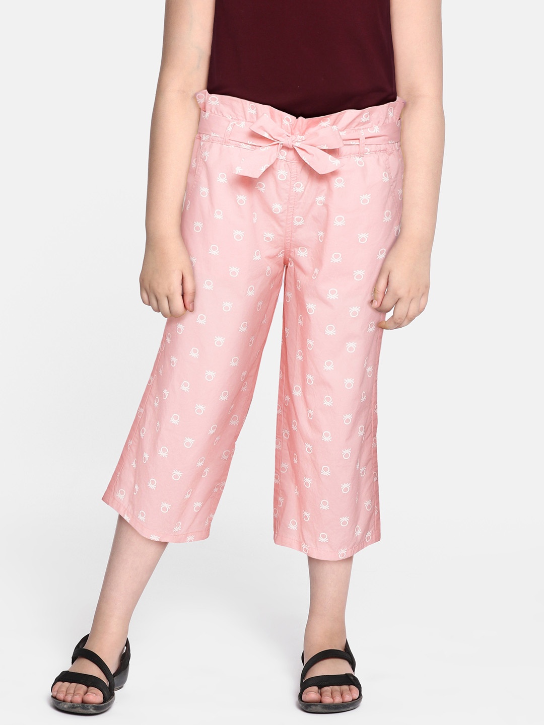 

United Colors of Benetton Girls Pink & White Brand Logo Print Pure Cotton Culottes