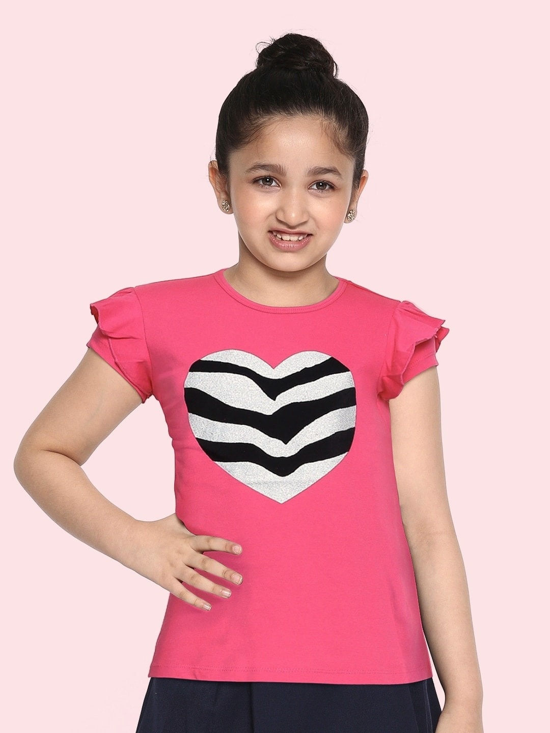 

United Colors of Benetton Girls Pink & Black Printed Pure Cotton Regular Top