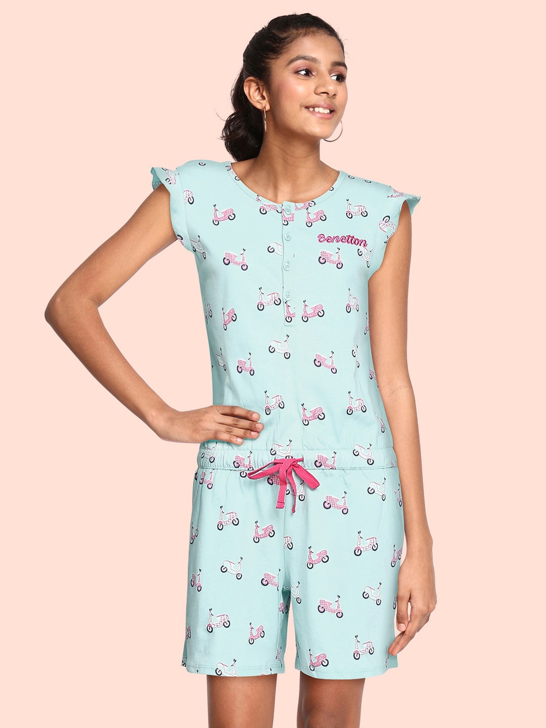 

United Colors of Benetton Girls Blue & Pink Pure Cotton Scooter Print Playsuit