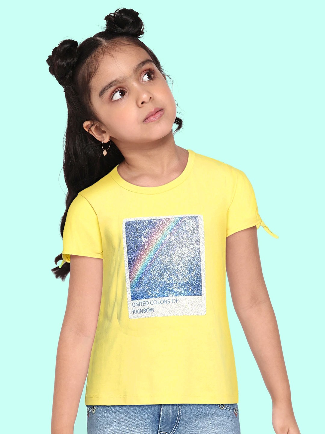 

United Colors of Benetton Yellow & Blue Graphic Print Pure Cotton Regular Top