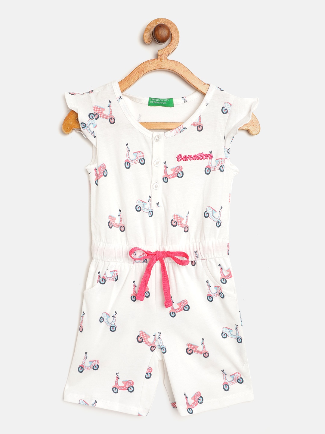 

United Colors of Benetton Girls White & Pink Pure Cotton Scooter Print Playsuit