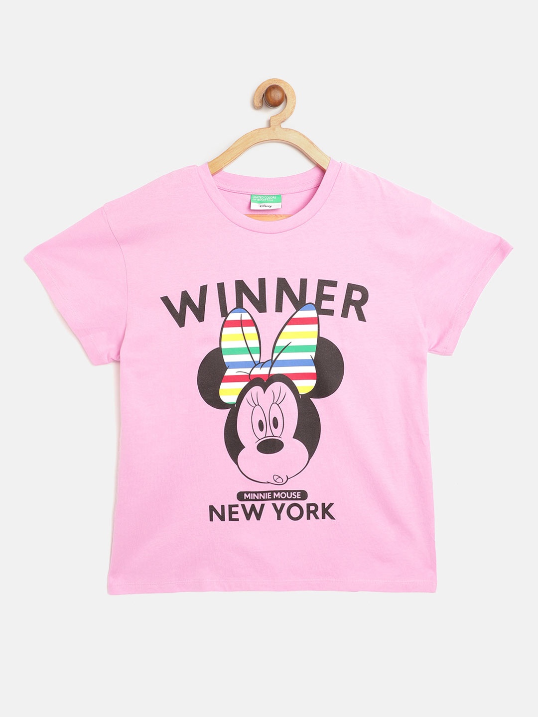 

United Colors of Benetton Girls Pink Black Minnie Mouse Print Pure Cotton T-shirt