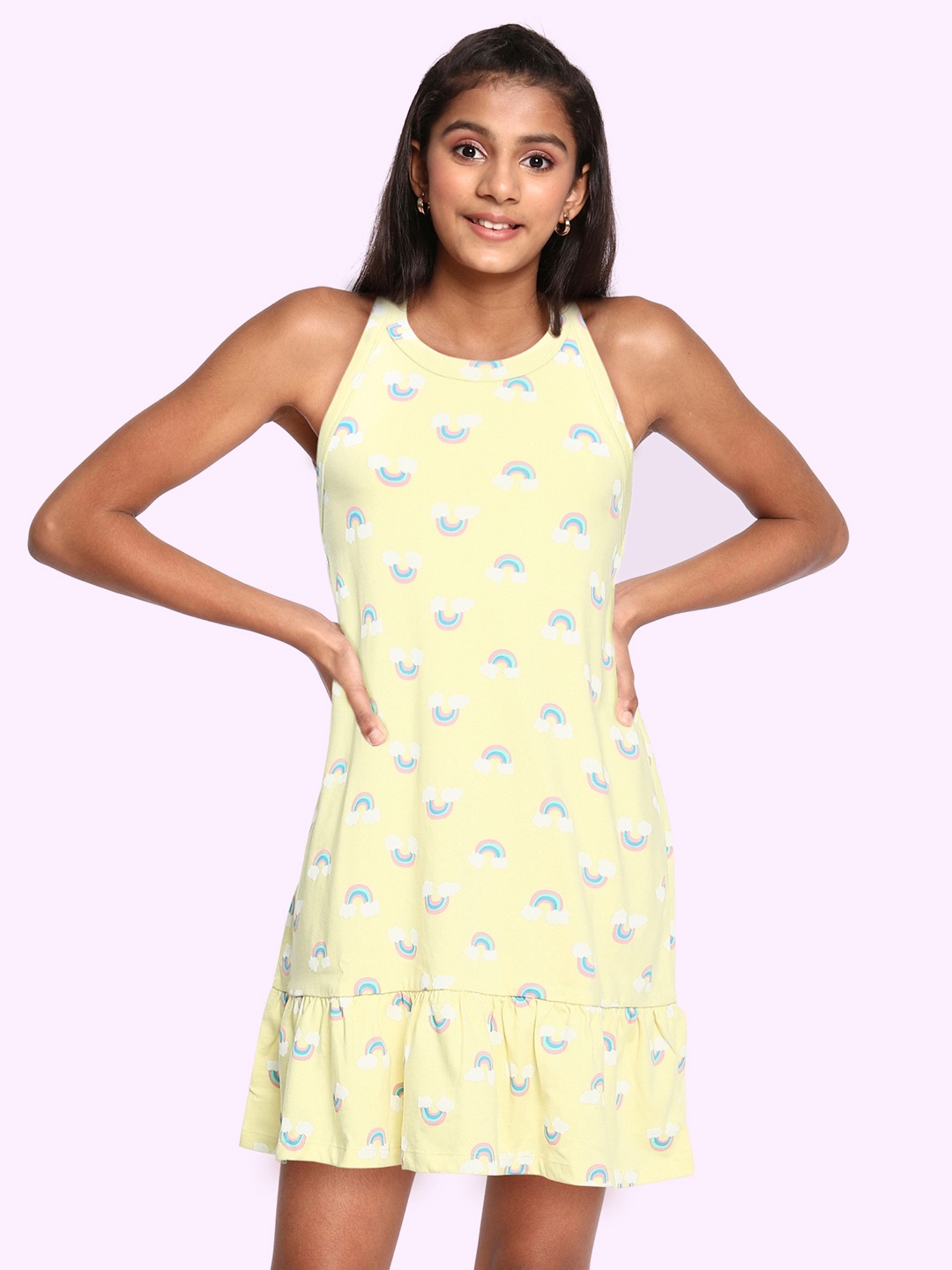 

United Colors of Benetton Girls Yellow & White Pure Cotton Printed A-Line Dress