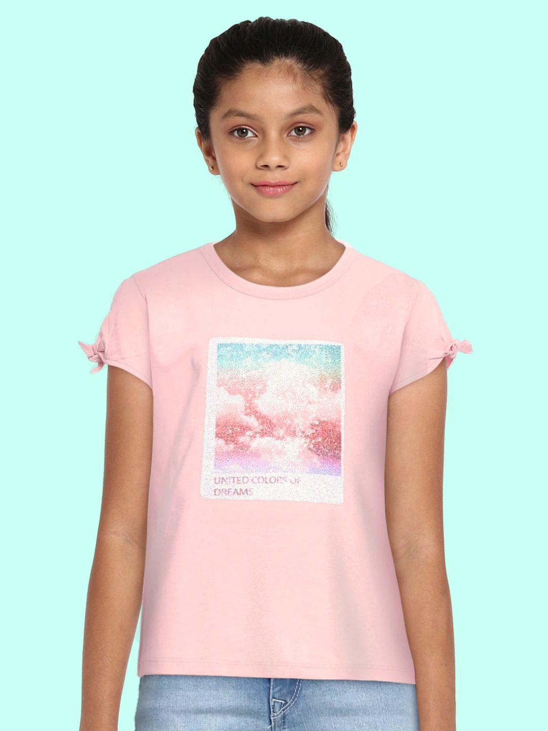

United Colors of Benetton Pink & White Clouds Print Pure Cotton Top with Knot Detail
