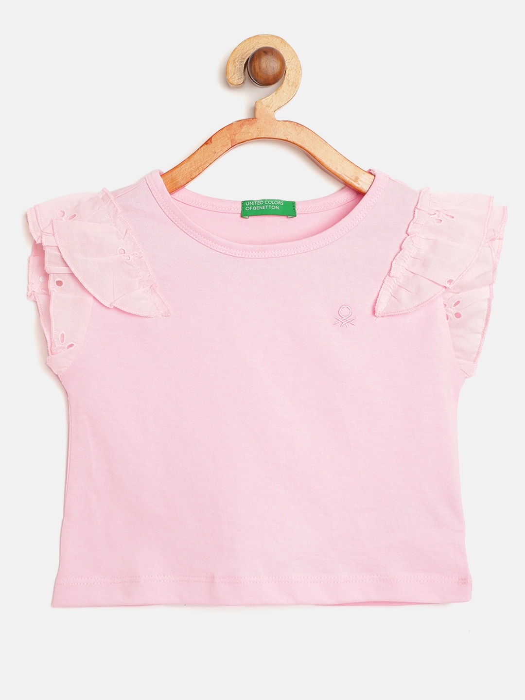 

United Colors of Benetton Pink Solid Flutter Sleeves Pure Cotton Regular Top