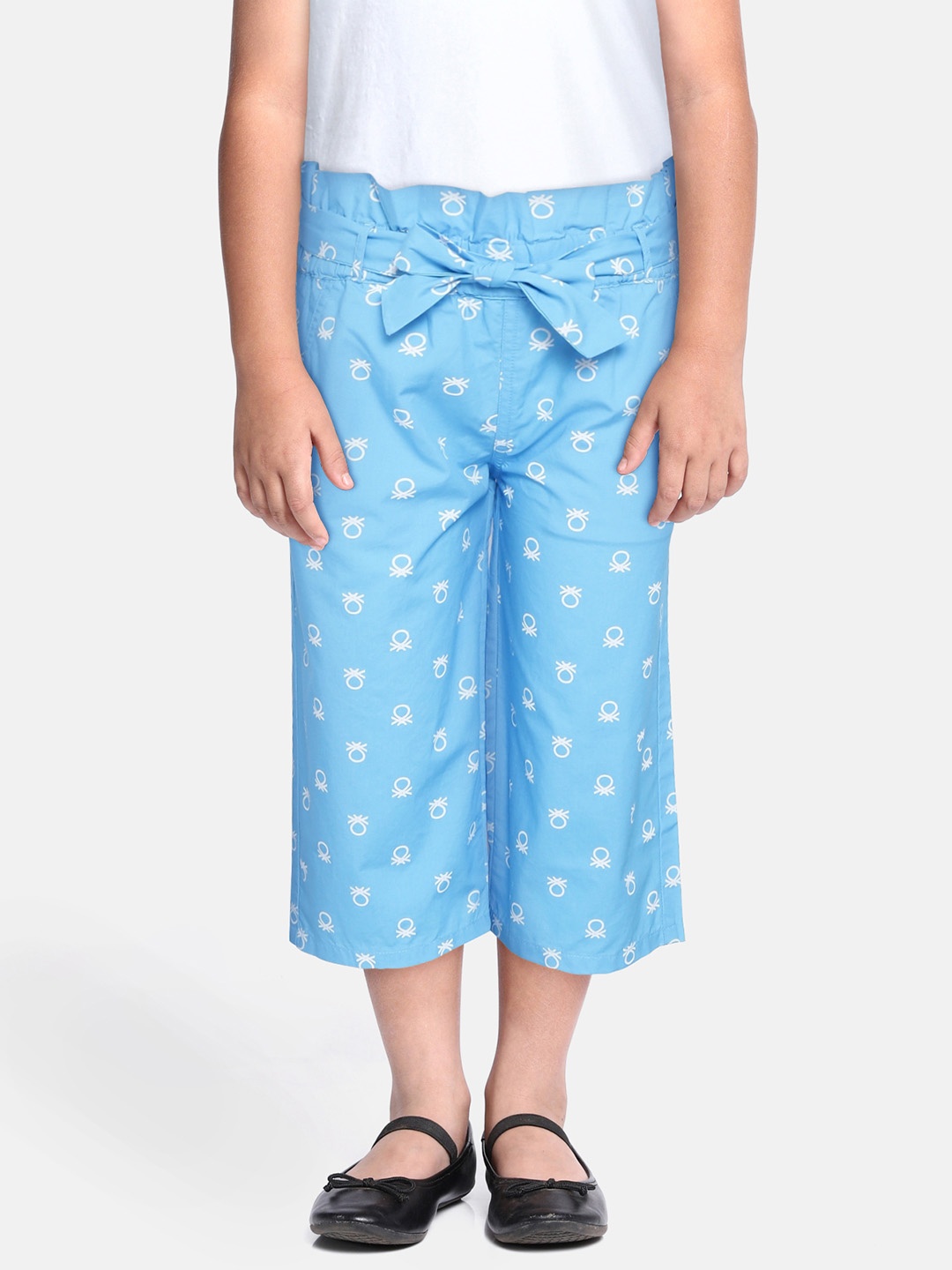 

United Colors of Benetton Girls Blue & White Brand Logo Print Pure Cotton Culottes