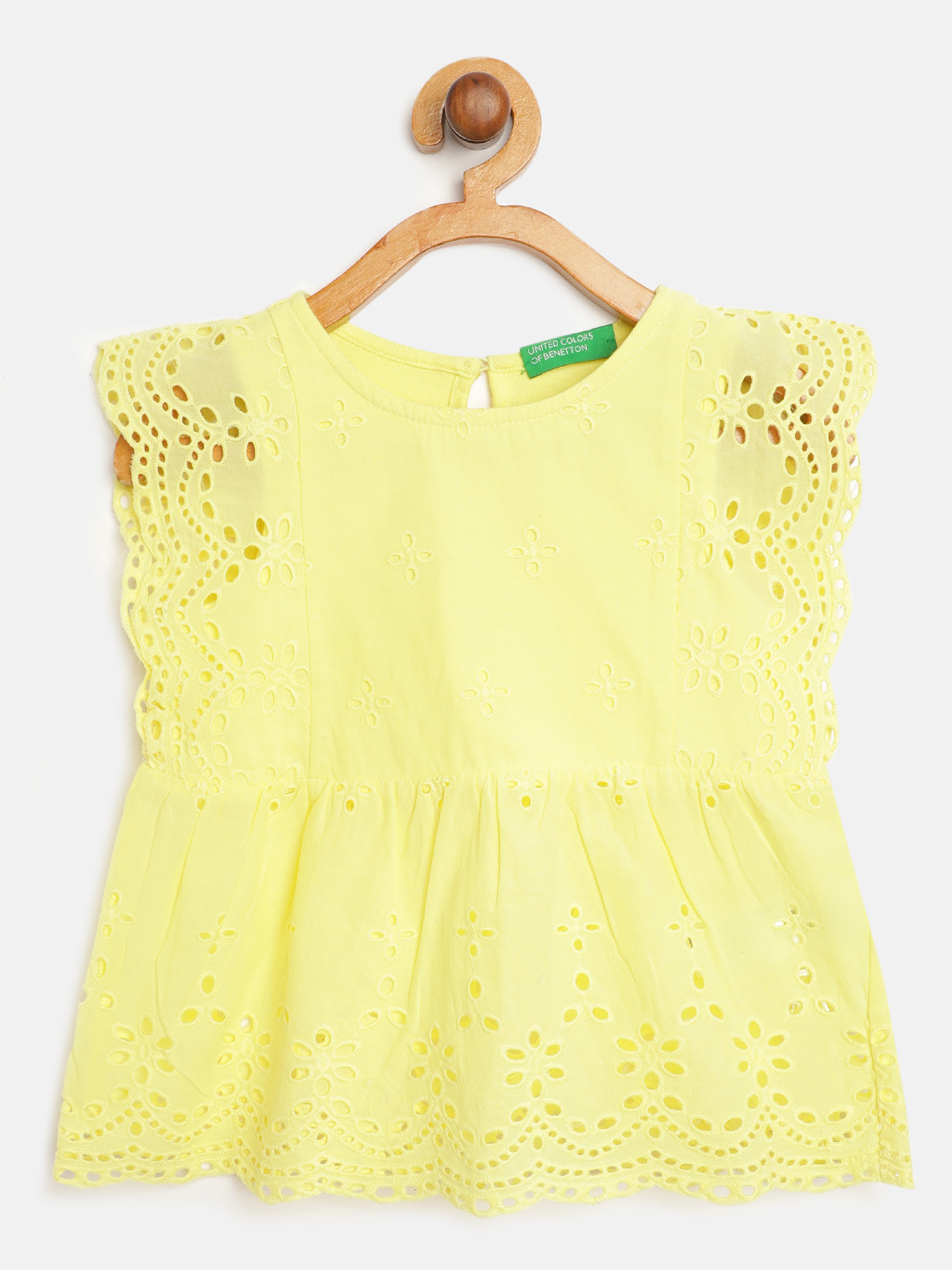 

United Colors of Benetton Yellow Schiffli Floral Embroidered Pure Cotton A-Line Top