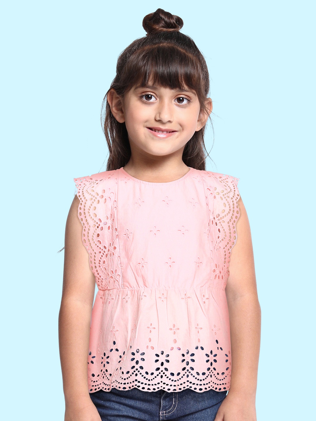 

United Colors of Benetton Pink Schiffli Floral Embroidered Pure Cotton A-Line Top