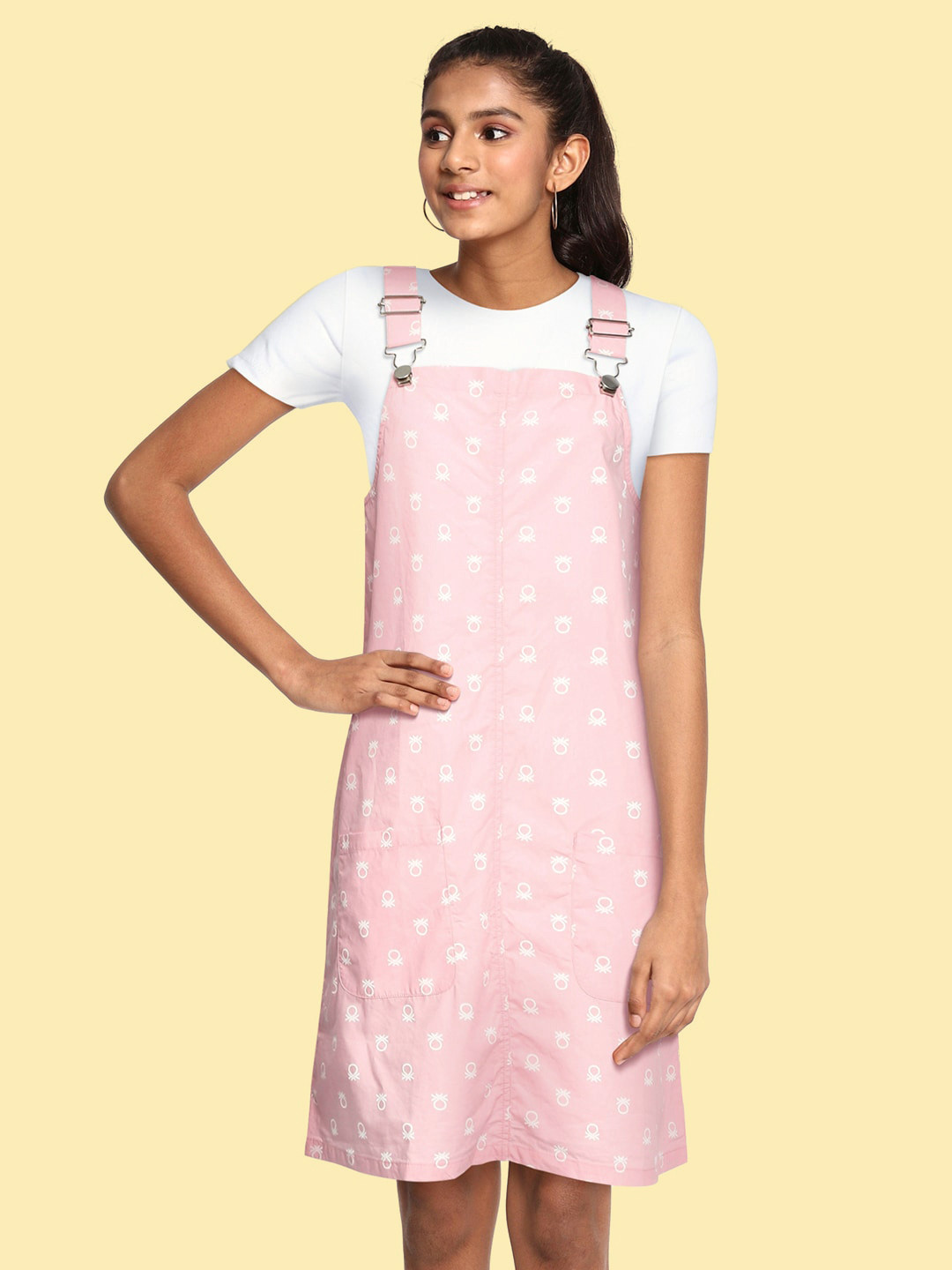 

United Colors of Benetton Girls Pink & White Brand Logo Print Cotton Pinafore Dress