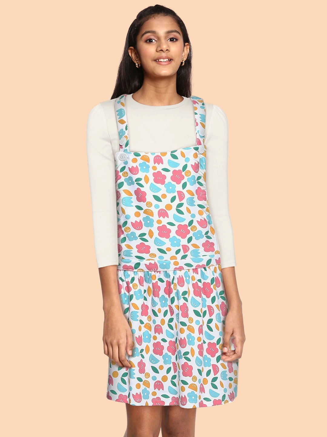 

United Colors of Benetton Girls White & Blue Cotton Floral Pinafore Dress