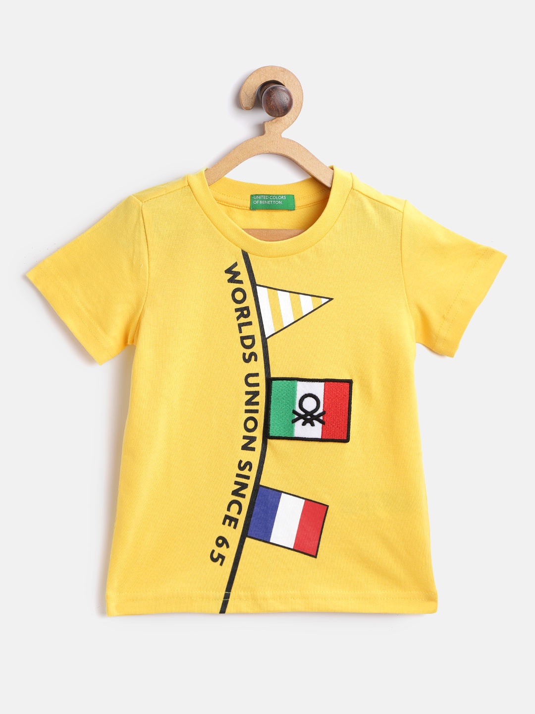 

United Colors of Benetton Boys Yellow Red Printed Round Neck Pure Cotton T-shirt