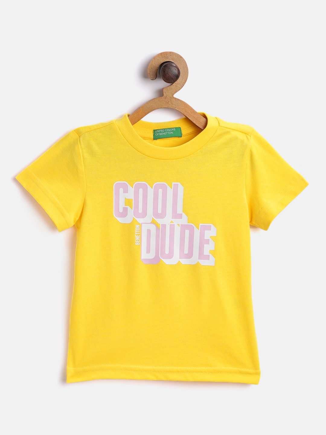 

United Colors of Benetton Boys Yellow Pink Pure Cotton Printed Round Neck Pure Cotton T-shirt