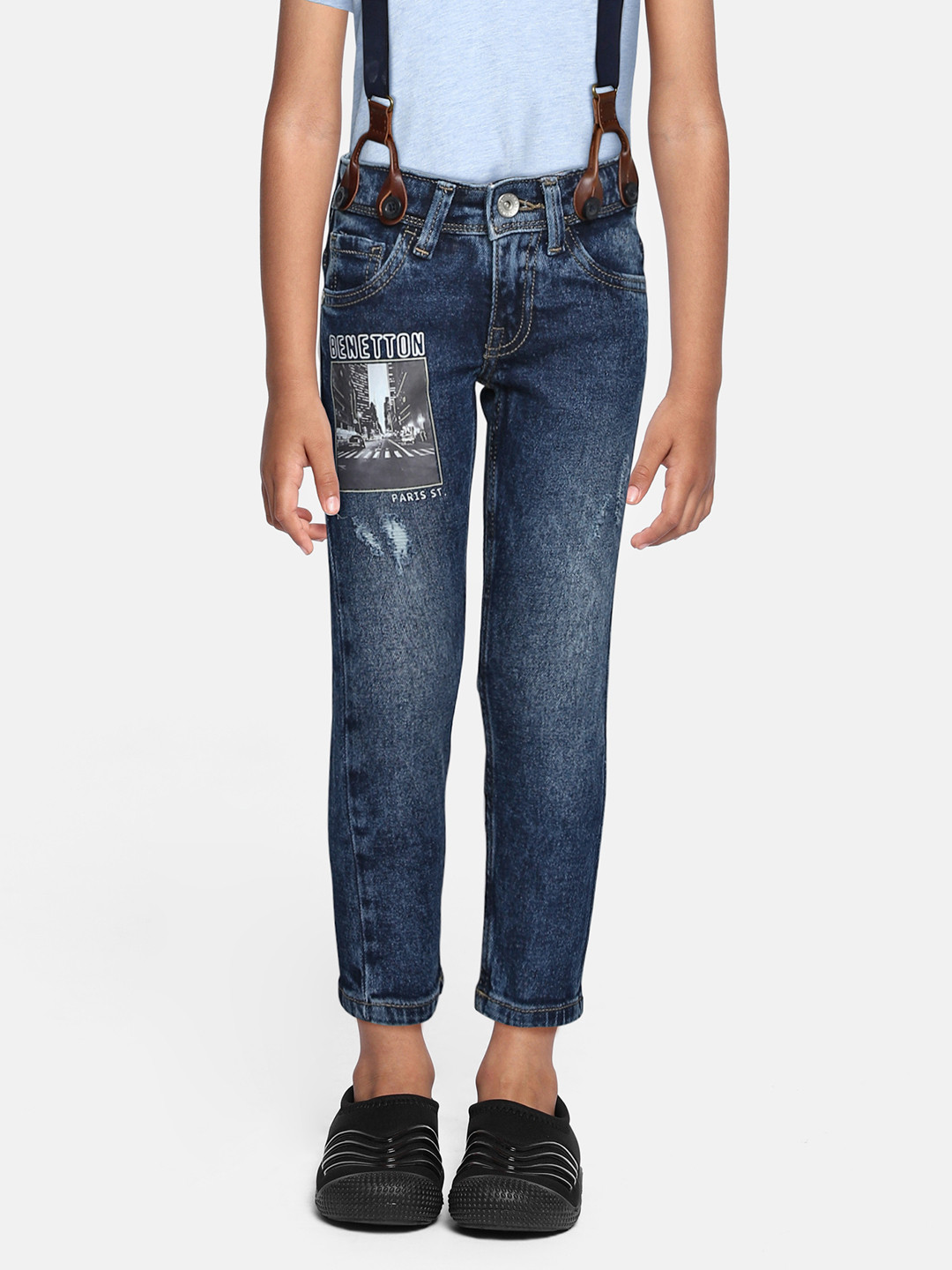 

United Colors of Benetton Boys Navy Blue Slim Fit Low Distress Light Fade Printed Jeans