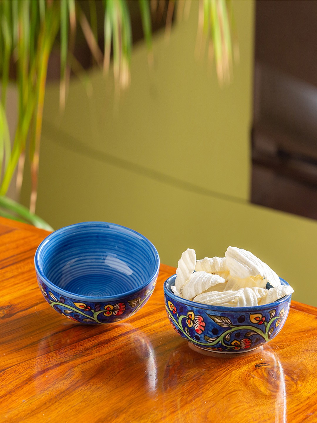 

ExclusiveLane Set Of 2 Mughal Gardens Hand-Painted Ceramic Serving Bowls -450 ml, Blue