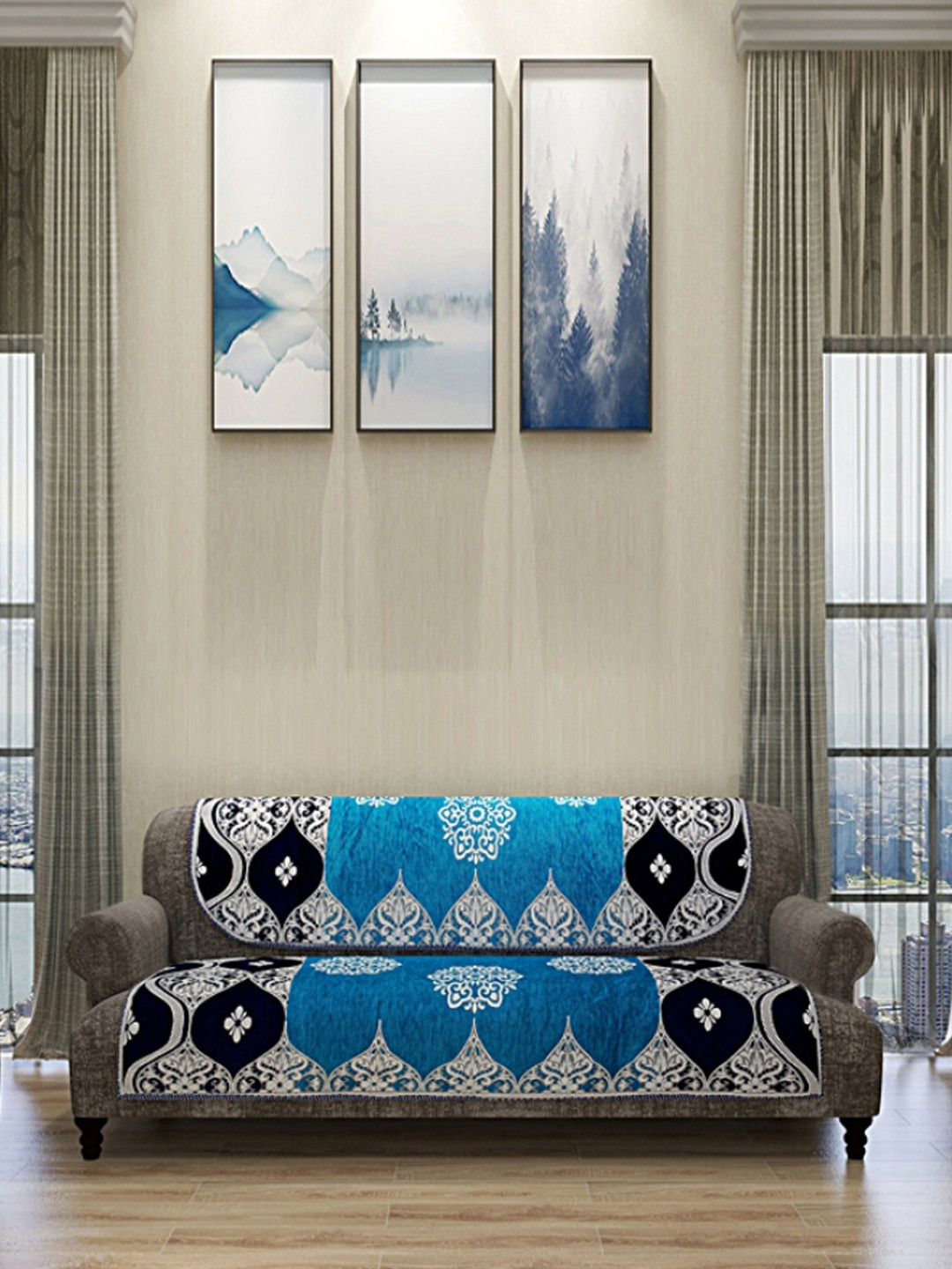 

ROMEE Set Of 6 Blue & White Damask Design 5-Seater Sofa Cover