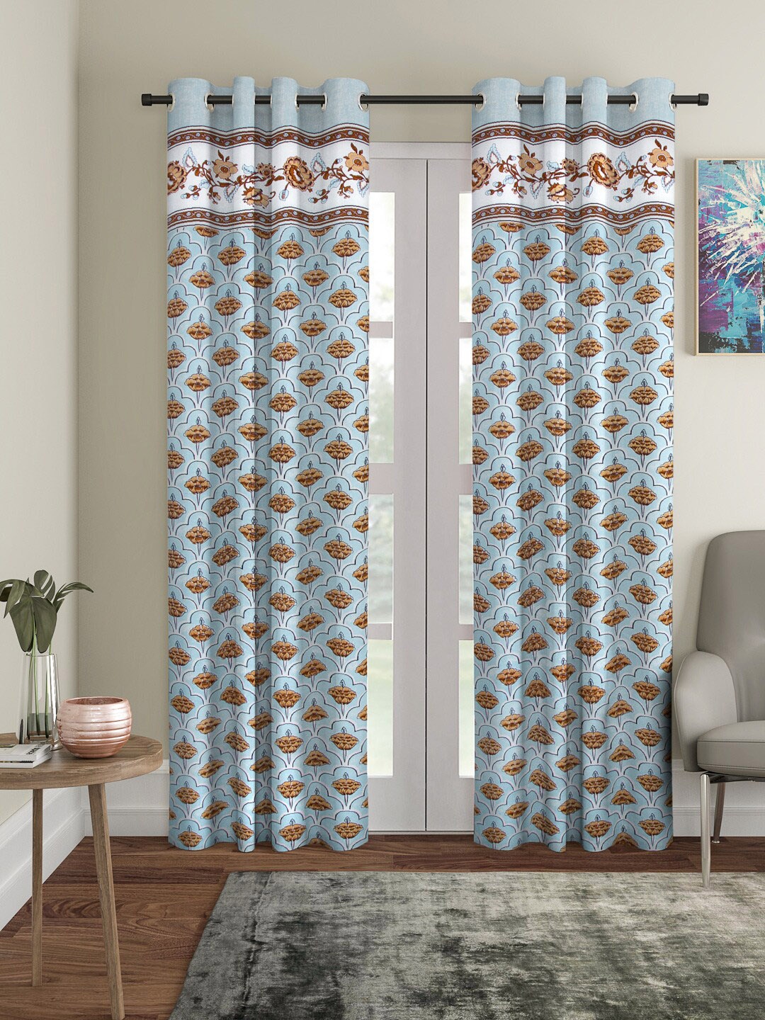 

Rajasthan Decor Blue & Brown Set of 2 Printed Long Door Curtains