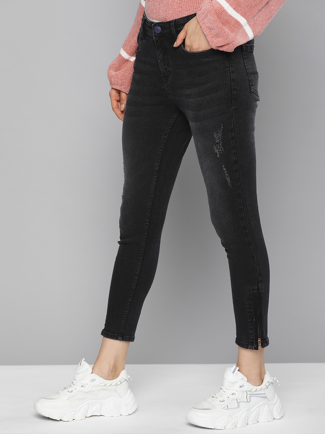 

Mast & Harbour Women Black Skinny Fit High-Rise Mildly Distressed Light Fade Stretchable Jeans