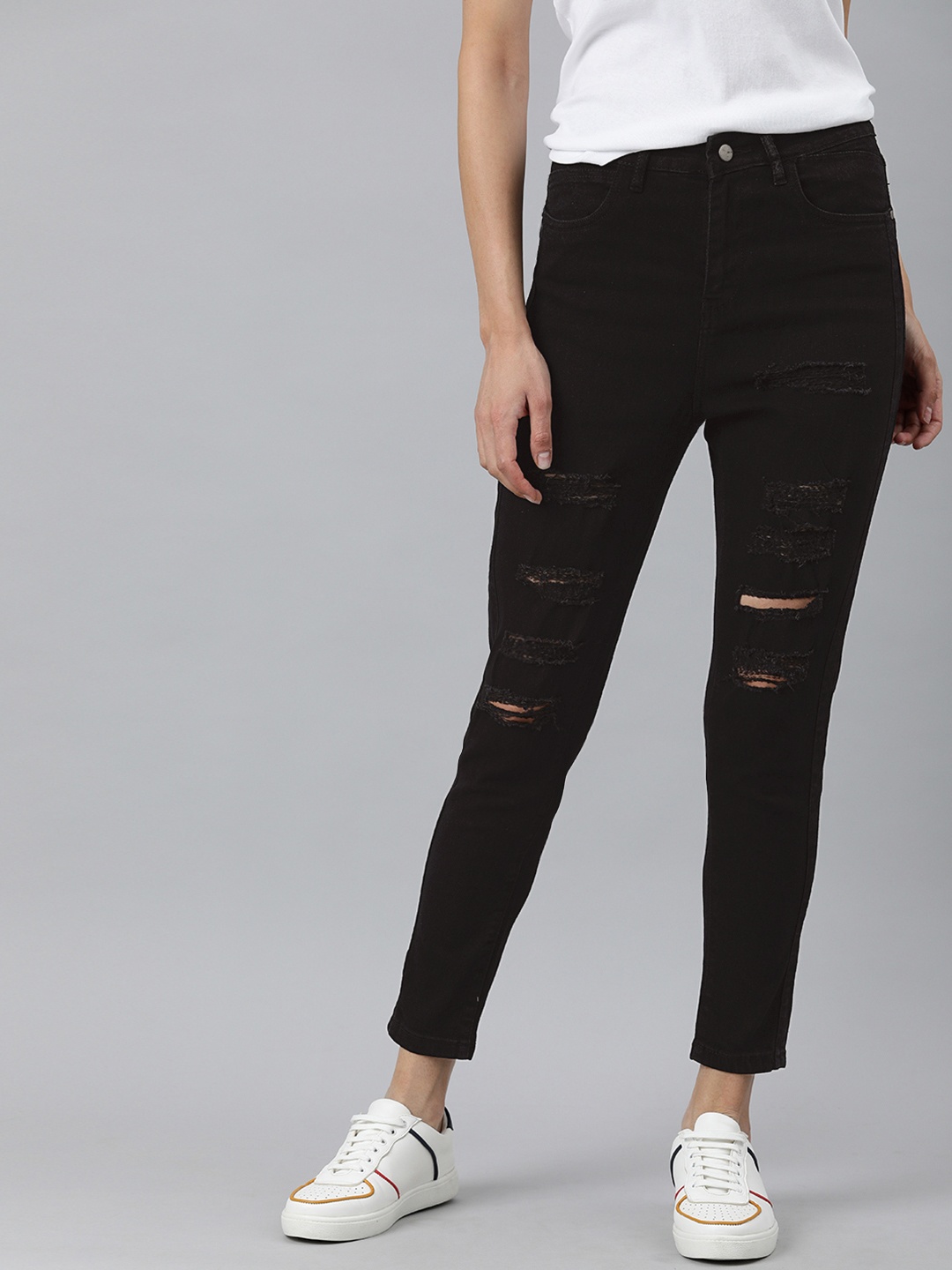 

Mast & Harbour Women Black Skinny Fit Highly Distressed Stretchable Jeans