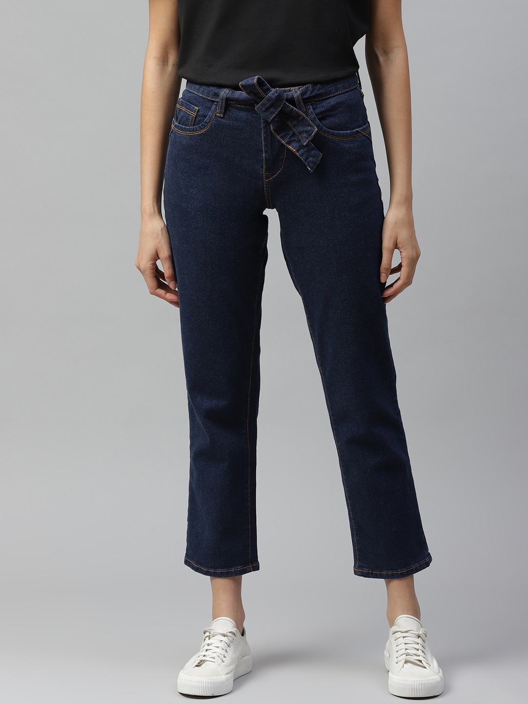 

Mast & Harbour Women Navy Blue Straight Fit Stretchable Cropped Jeans