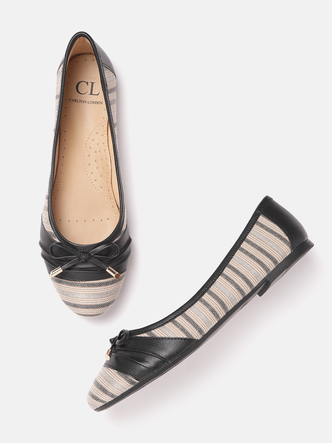 

Carlton London Women Black & Beige Woven Stripes Ballerinas with Bow Detail