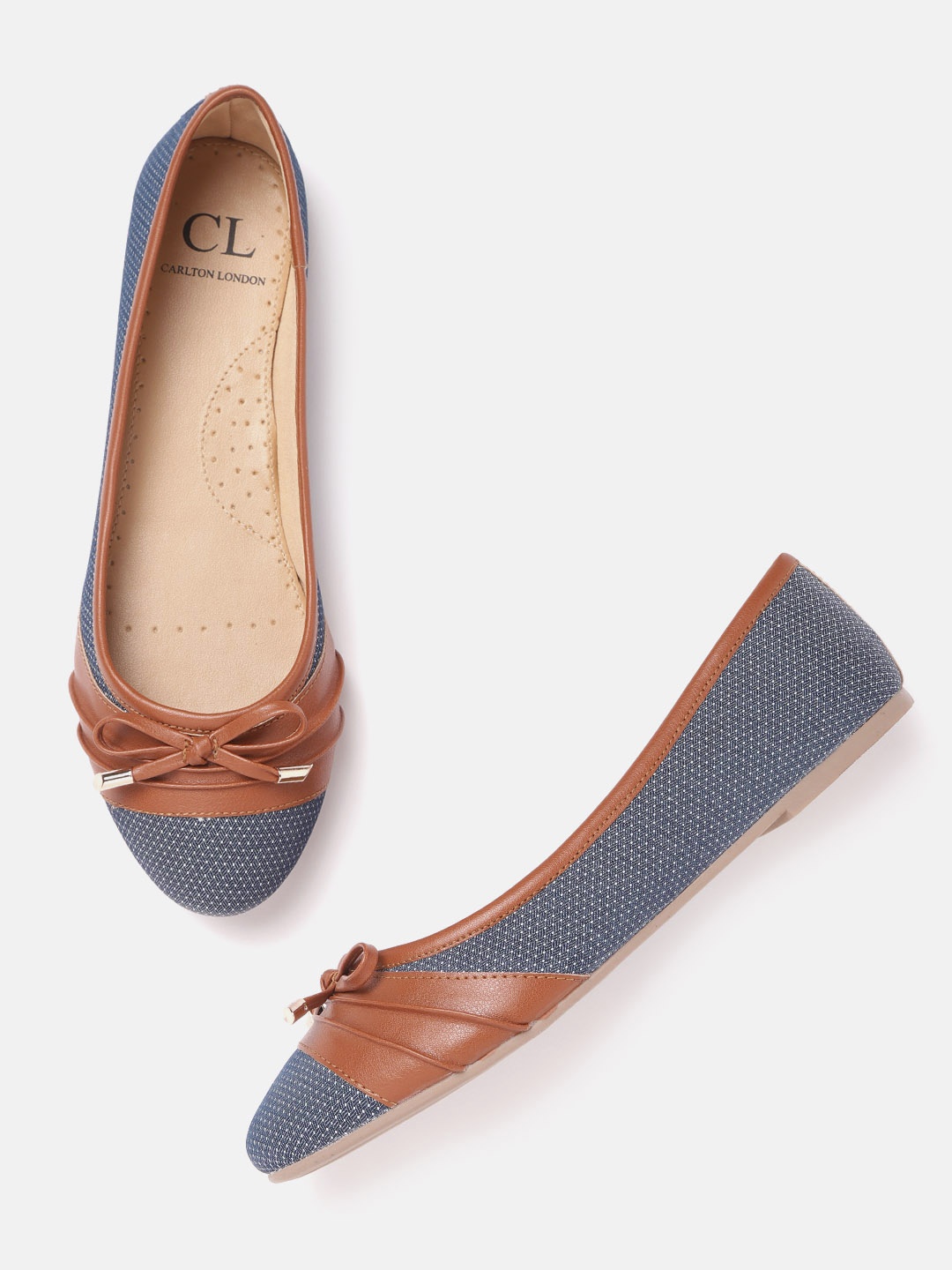 

Carlton London Women Navy Blue & White Woven Design Ballerinas with Bow Detail