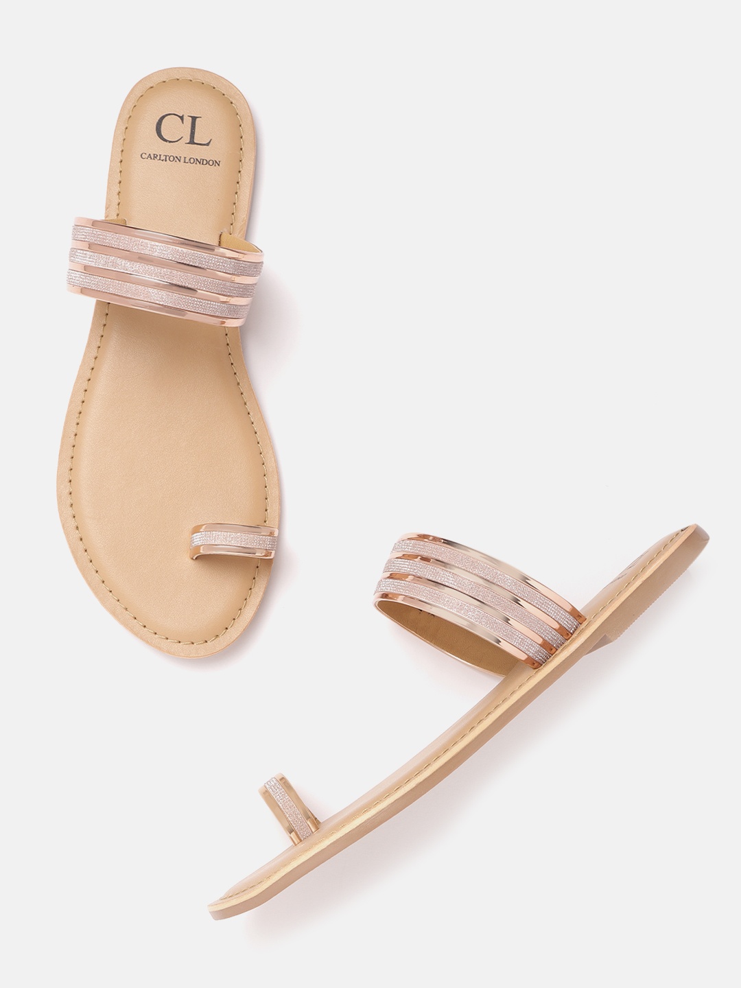 

Carlton London Women Rose Gold Striped & Textured One Toe Flats with Shimmer Effect