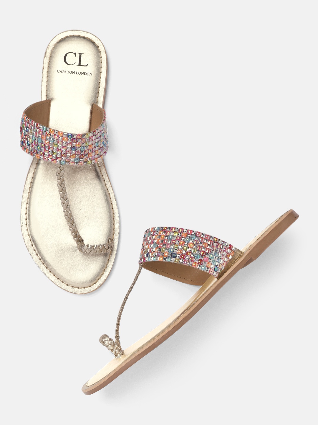 

Carlton London Women Gold-Toned & Pink Embellished One Toe Flats with Braided Detail