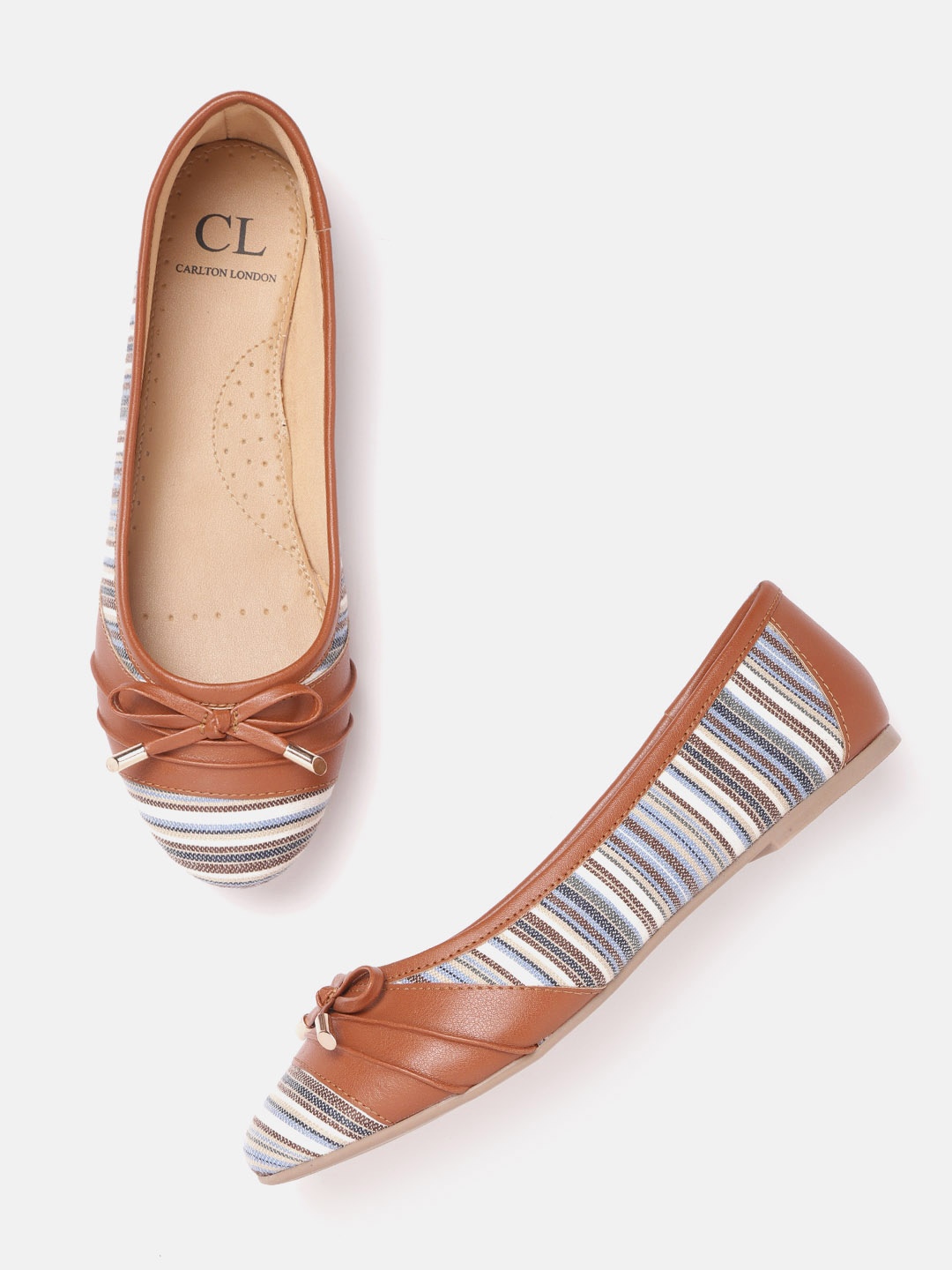 

Carlton London Women Blue & Brown Striped Ballerinas with Bow Detail