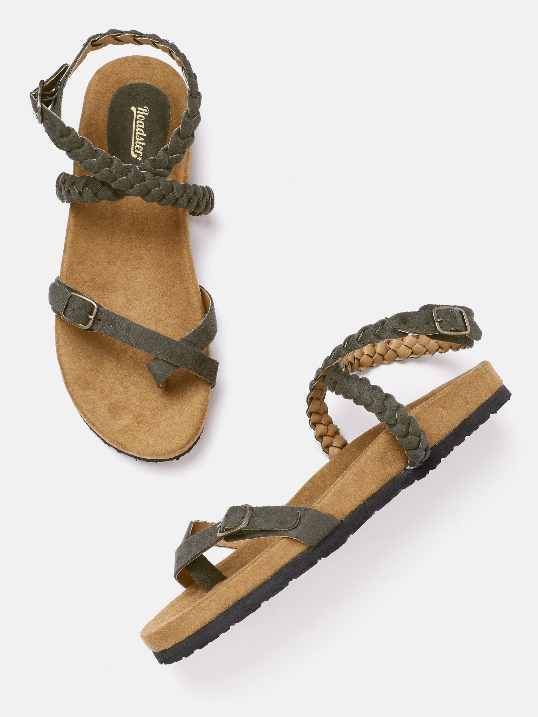 

Roadster Women Olive Green Braided One Toe Flats with Buckle Detail