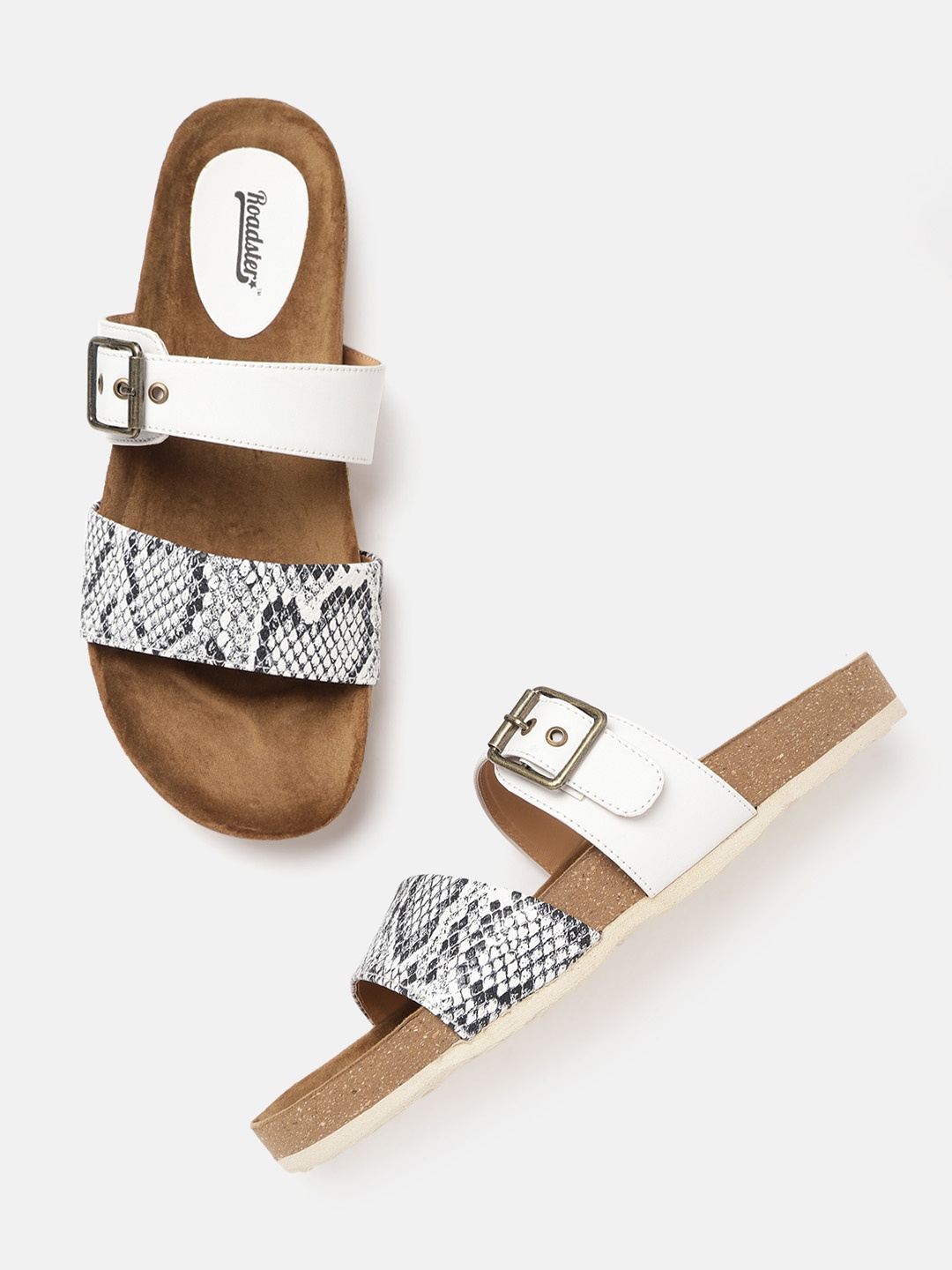 

Roadster Women Off White & Black Snakeskin Textured Open Toe Flats with Buckle Detail