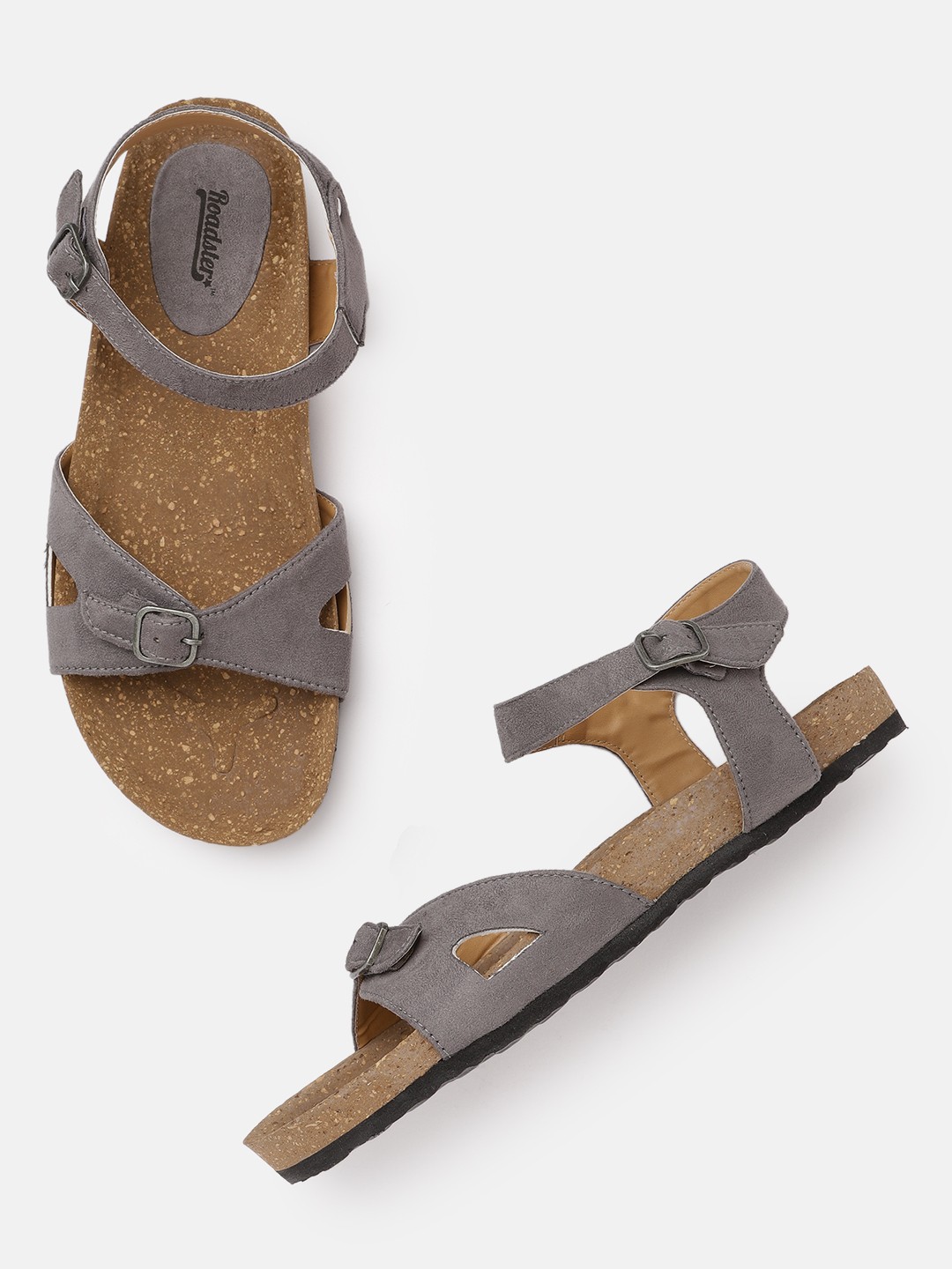 

Roadster Women Charcoal Grey Solid Open Toe Flats with Buckle Detail