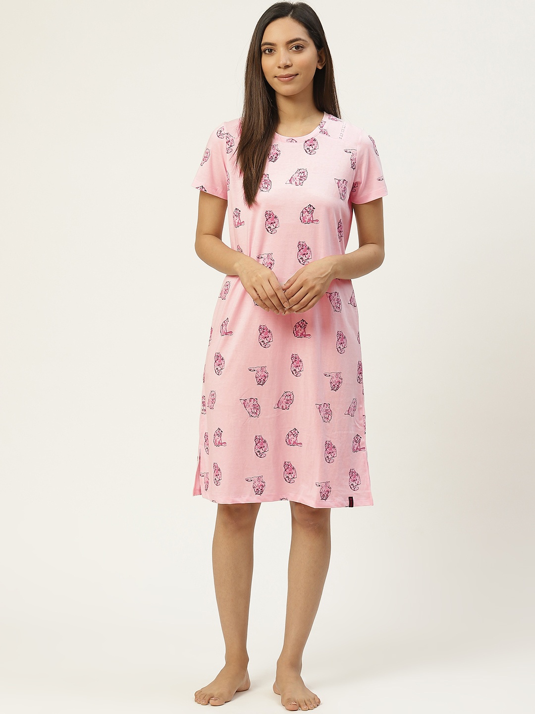 

MADAME M SECRET Women Pink Cat Print Knee Length Nightdress