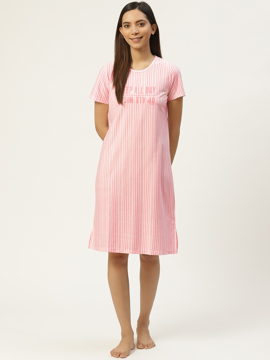 

MADAME M SECRET Women Peach-Coloured & White Striped Knee Length Nightdress
