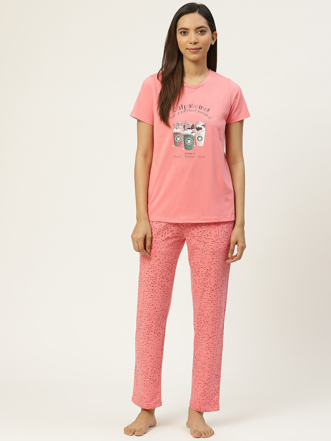 

MADAME M SECRET Women Peach-Coloured & Black Printed Night Suit